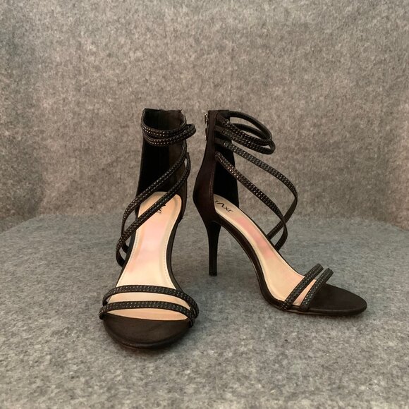 Taxi Women’s Black Glitter Zipper Heel Rhinestones Details Open Toe Shoes - Picture 2 of 10